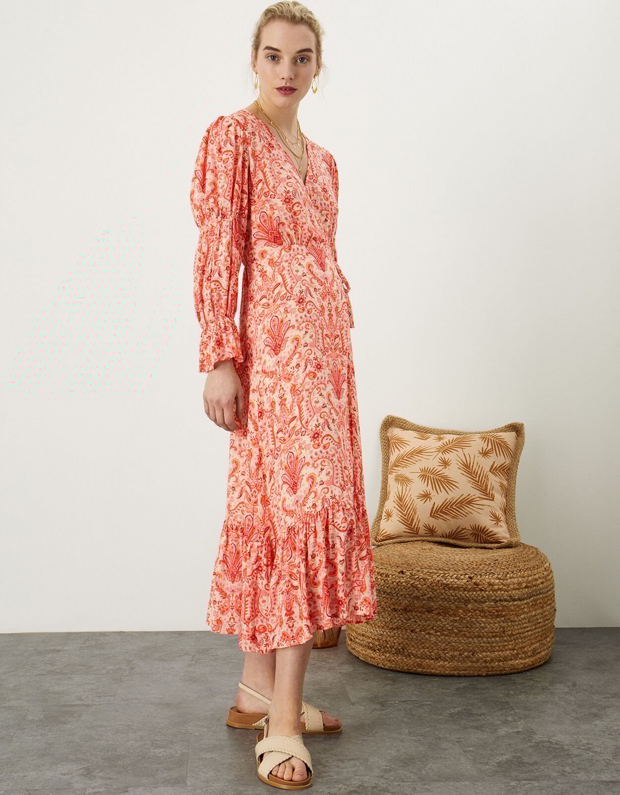 Paisley Print Maxi Wrap Dress Orange