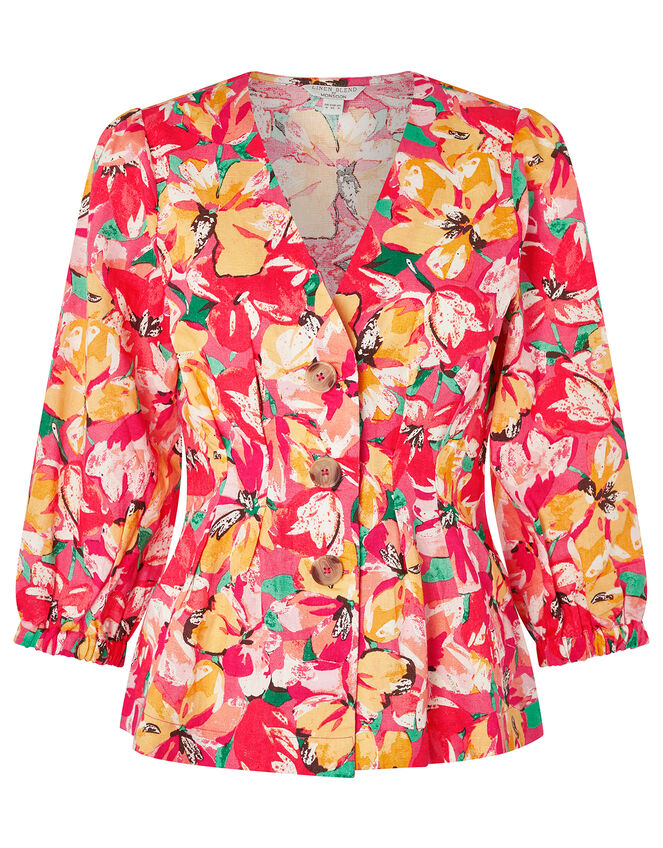 Verna Floral Blouse in Linen and Organic Cotton, Red (RED), large