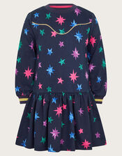 Star Print Sweatshirt Dress, Black (BLACK), large