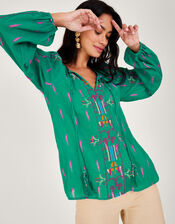 Embroidered Tie Neck Top, Green (GREEN), large