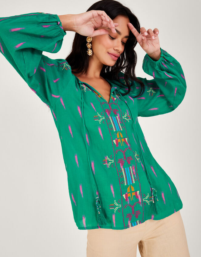 Embroidered Tie Neck Top, Green (GREEN), large