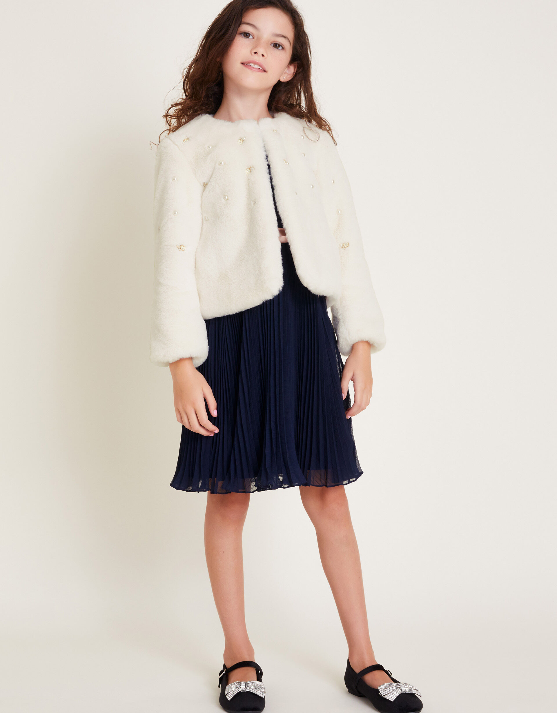 Embellished Faux Fur Coat Ivory