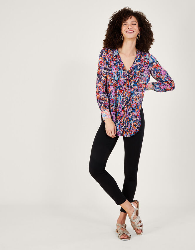 Palmer Print Pleated Blouse in Sustainable Viscose, Ivory (IVORY), large
