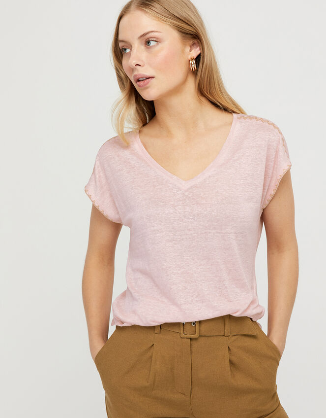 Liza Metallic Stitching T-shirt in Pure Linen, Pink (BLUSH), large