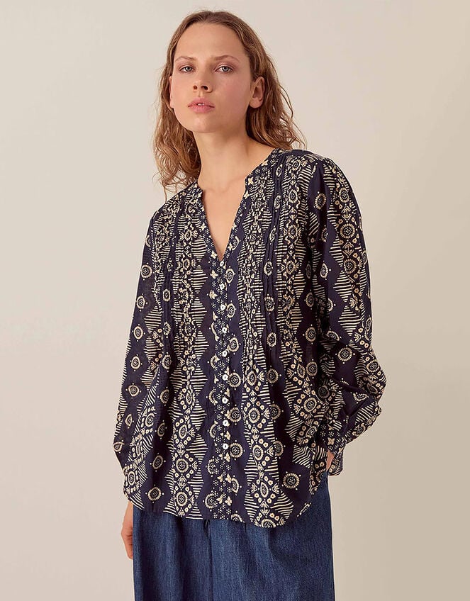 East Celine Printed Cotton Top, Blue (NAVY), large