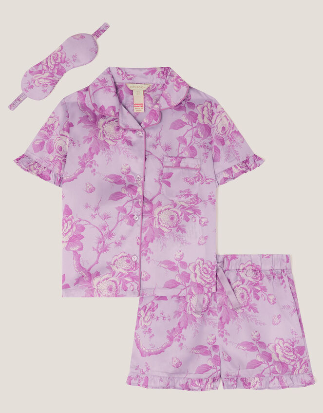 Floral Satin Short Pyjamas & Sleep Mask Set, Purple (LILAC), large