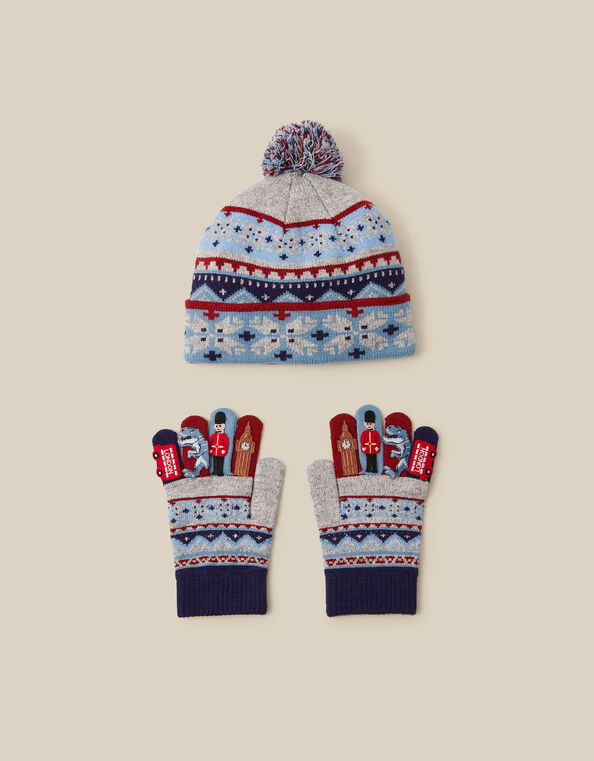 London Fair Isle Bobble Hat & Gloves Set, Grey (GREY), large