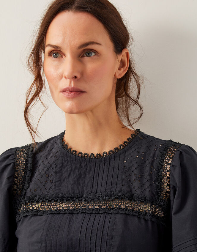 Odilia Broderie Puff-Sleeve Midi Dress, Black (BLACK), large