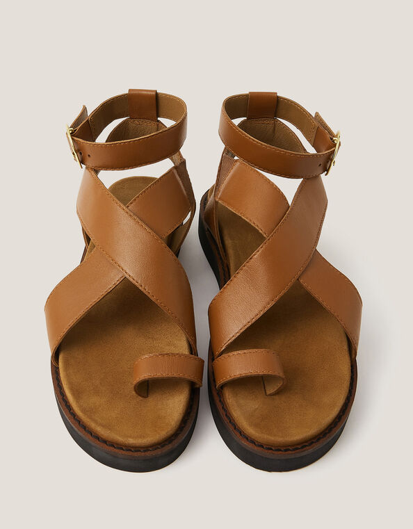 Ivy Toe Strap Crossover Leather Sandals, Tan (TAN), large