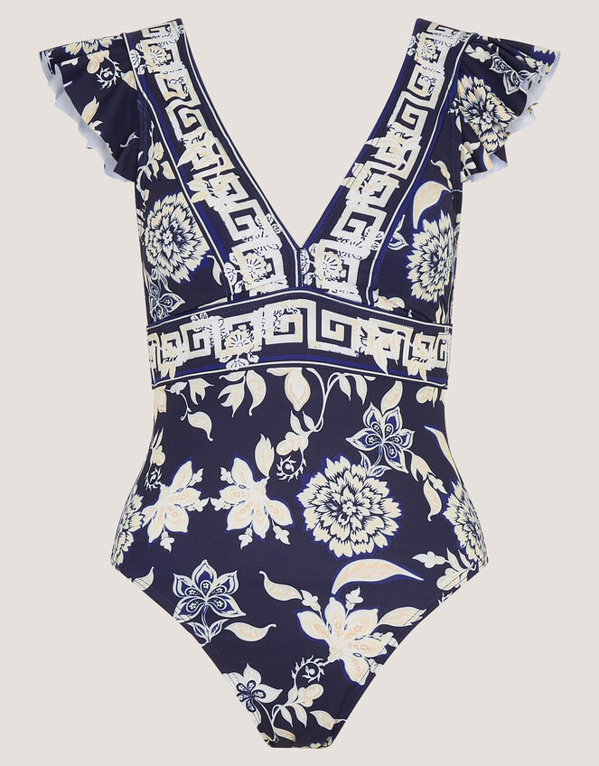 Gloria Plunge Floral Ruffle Swimsuit, Blue (BLUE), large