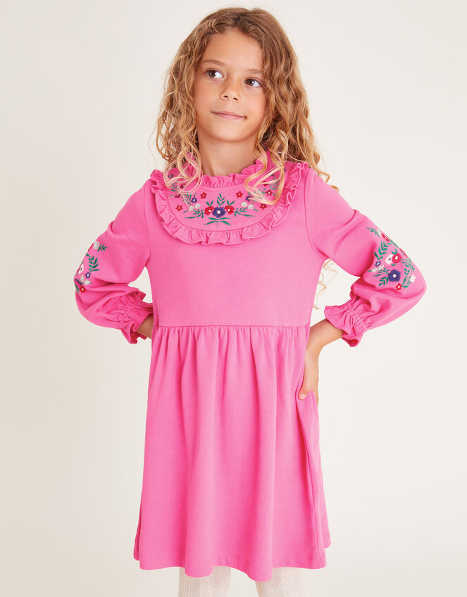 Embroidered Ruffle Sweater Dress, Pink (PINK), large