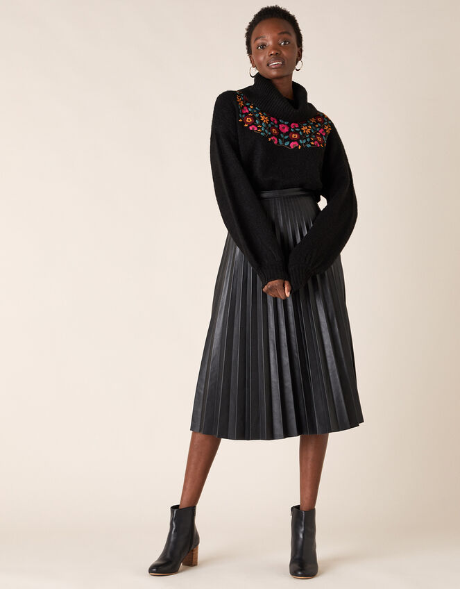 Pleated Leather-Look Midi Skirt, Black (BLACK), large