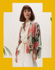 One Hundred Stars Floral Print Short Kimono, Blue (AQUA), large