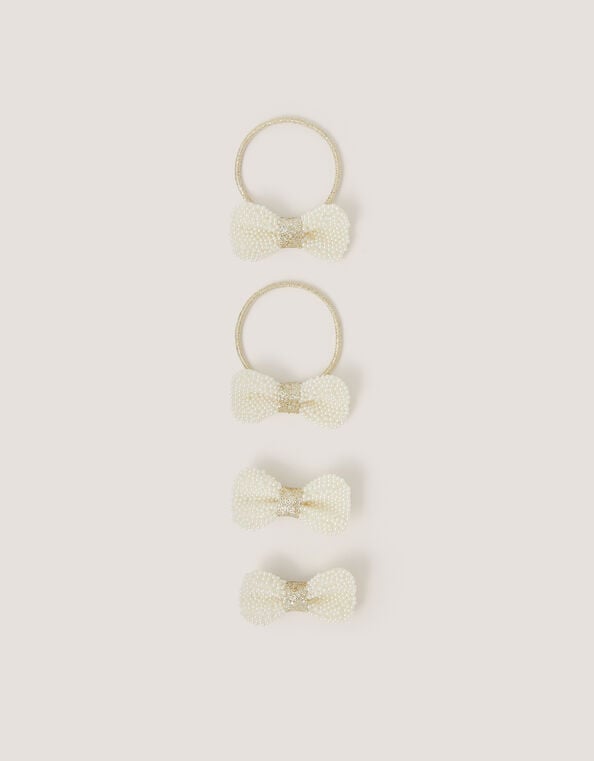 4-Pack Pearl Bow Hair Bands & Clips, Ivory (IVORY), large