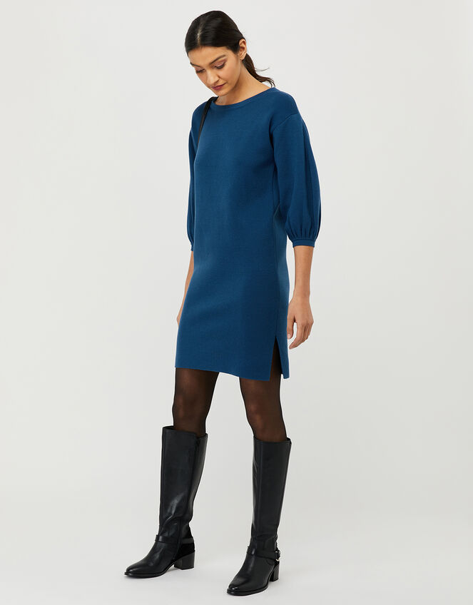 Jenna Balloon Sleeve Knitted Dress in Recycled Polyester, Teal (TEAL), large