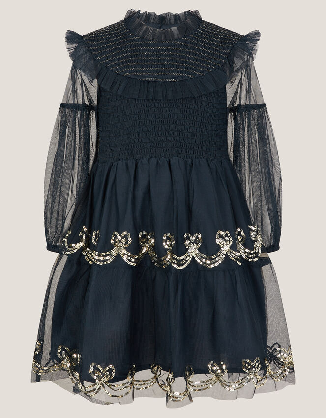 Bow Shirred Mesh Dress, Blue (NAVY), large