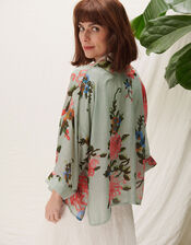One Hundred Stars Floral Print Short Kimono, Blue (AQUA), large