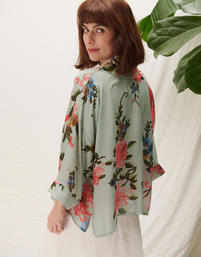 One Hundred Stars Floral Print Short Kimono, Blue (AQUA), large
