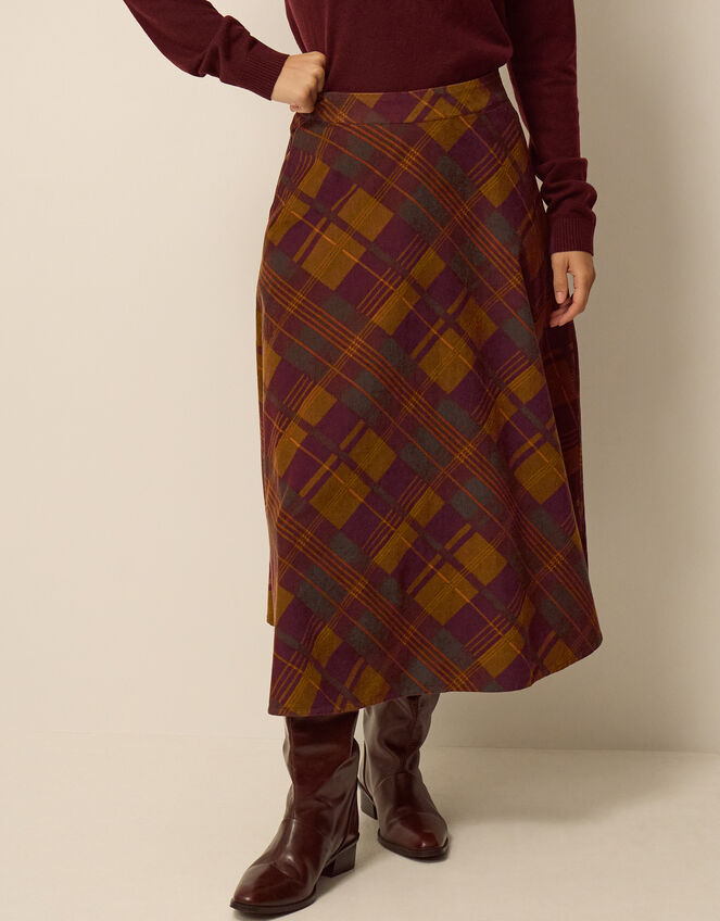 Melinda Check Print Corduroy Midi Skirt, Brown (BROWN), large