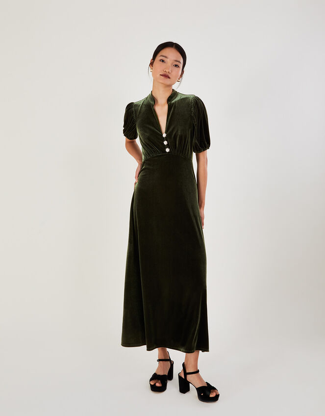 Veronique Velvet Shirt Dress, Green (OLIVE), large