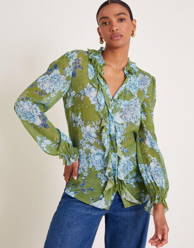 Eva Floral Ruffle Blouse, Green (GREEN), large