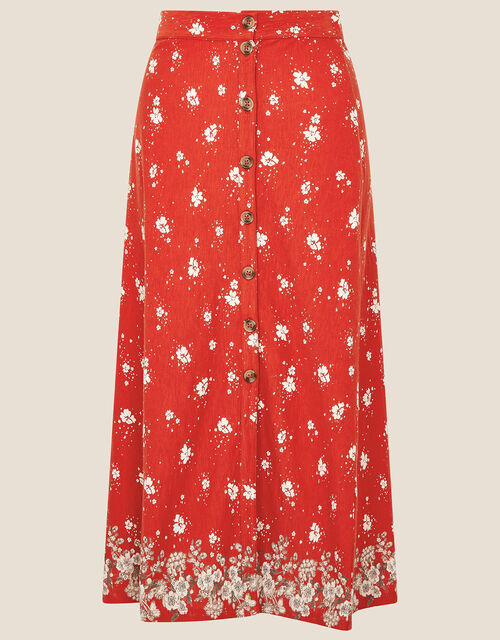 Ditsy Floral Side Button Midi Skirt, Red (RED), large