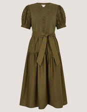 Fawn Appliqu&eacute; Puff Sleeve Midi Dress, Green (KHAKI), large