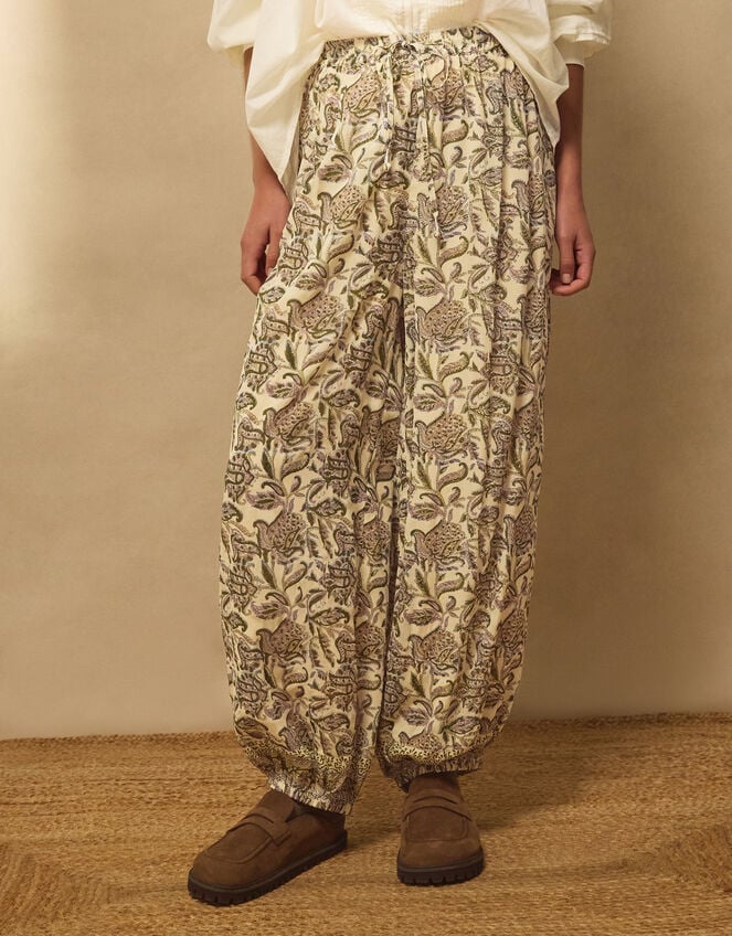 East Odette Hand-Woodblock Print Balloon Trousers, Cream (CREAM), large