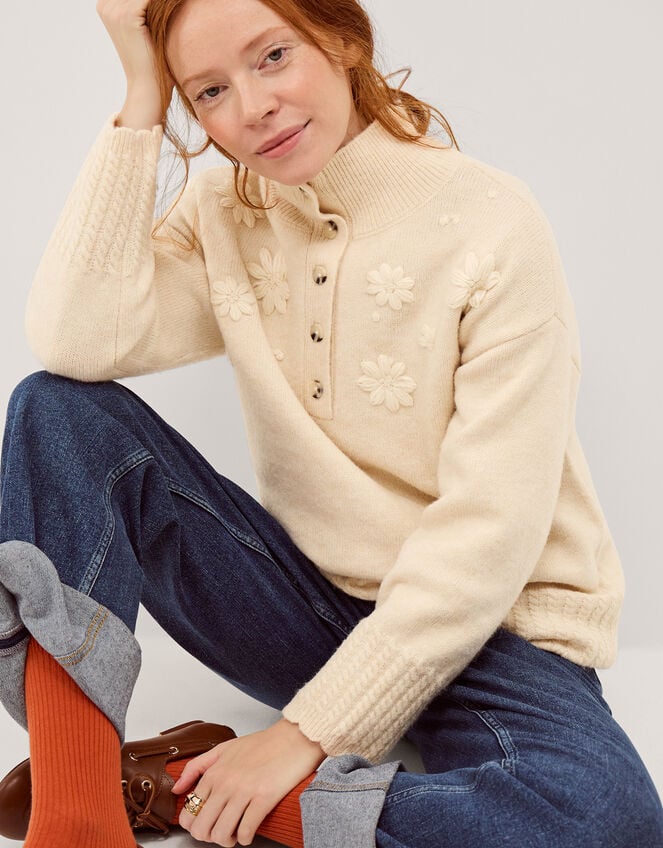 Em Floral Embroidered Knit Jumper, Ivory (IVORY), large