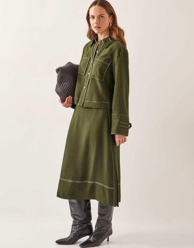 Katya Tie Waist Midi Skirt, Green (KHAKI), large