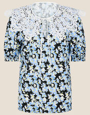 Zita Lace Collar Floral Jersey Top, Black (BLACK), large
