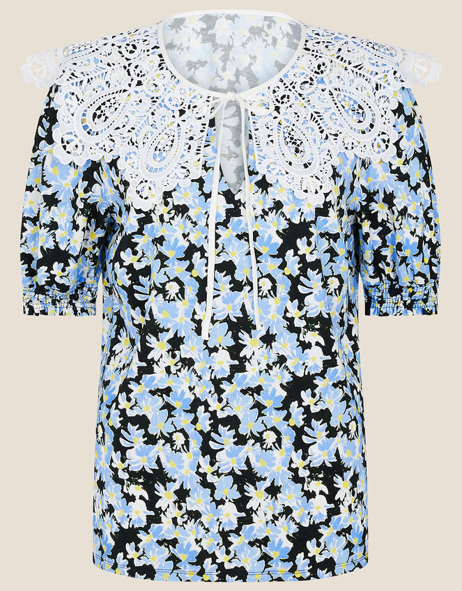 Zita Lace Collar Floral Jersey Top, Black (BLACK), large