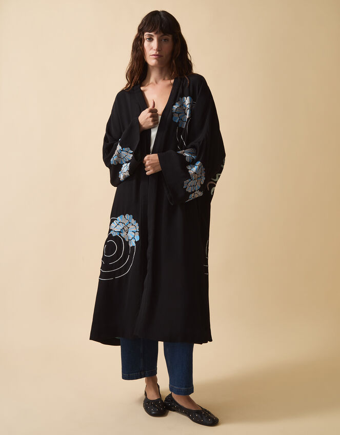 Clemence Butterfly Embroidered Long Kimono, Black (BLACK), large