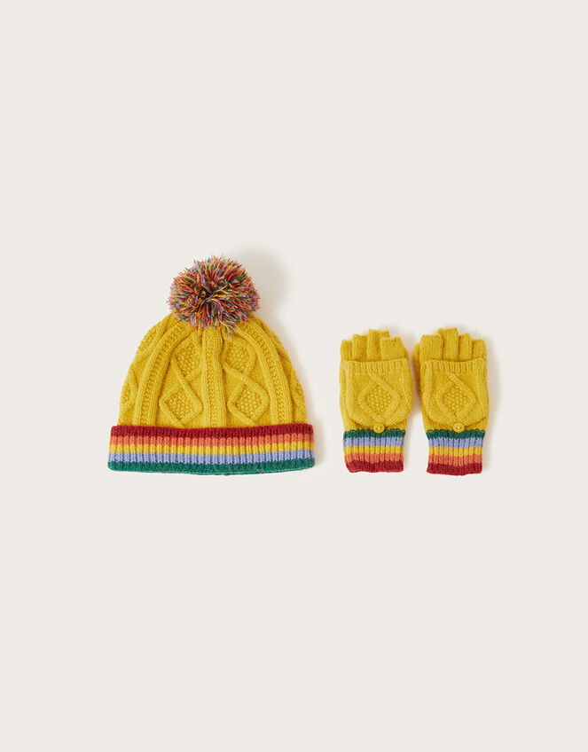 Matty Knit Rainbow Hat and Gloves Set, Yellow (MUSTARD), large