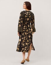 Rosaleigh V-Neck Floral Midi Dress, Black (BLACK), large