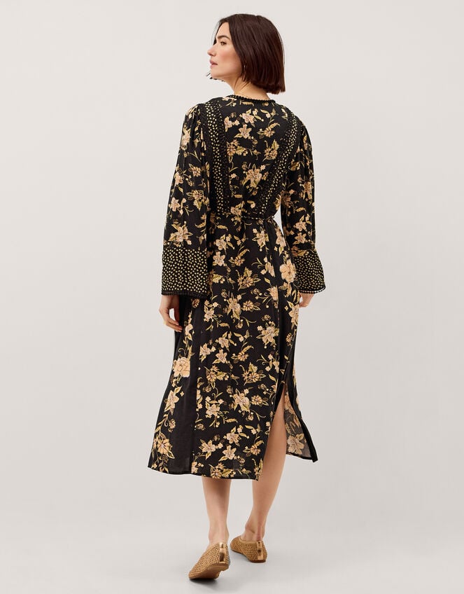 Rosaleigh V-Neck Floral Midi Dress, Black (BLACK), large