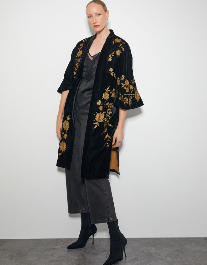 Kendra Embroidered Floral Velvet Kimono, Black (BLACK), large