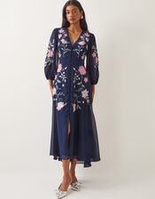 Emani Floral Embroidered Midi Tea Dress, Blue (NAVY), large