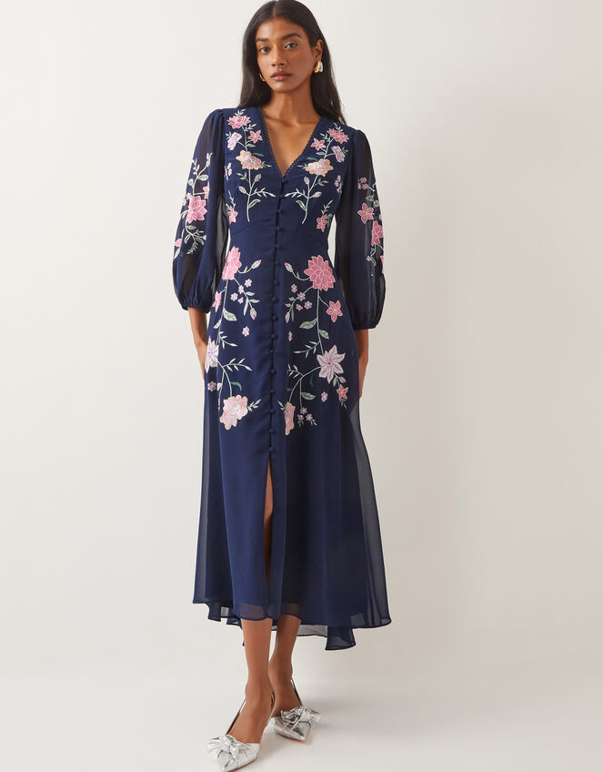 Emani Floral Embroidered Midi Tea Dress, Blue (NAVY), large