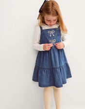 Long Sleeve Top & Denim Pinafore Dress Set , Blue (BLUE), large