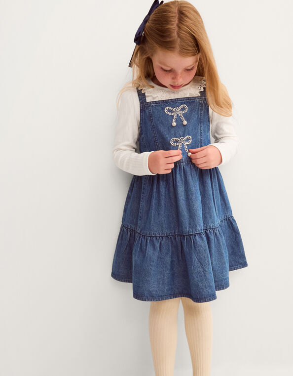 Long Sleeve Top & Denim Pinafore Dress Set , Blue (BLUE), large