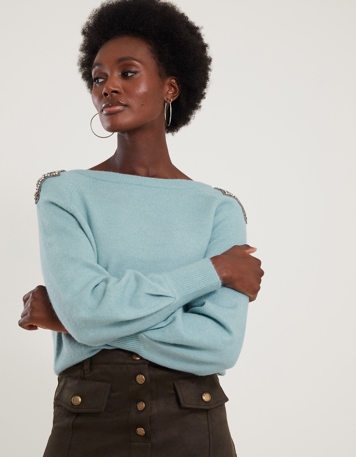 Embellished Shoulder Scoop Neck Jumper Teal