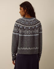 Fleur Floral Fair Isle Crew Neck Cardigan, Grey (GREY), large