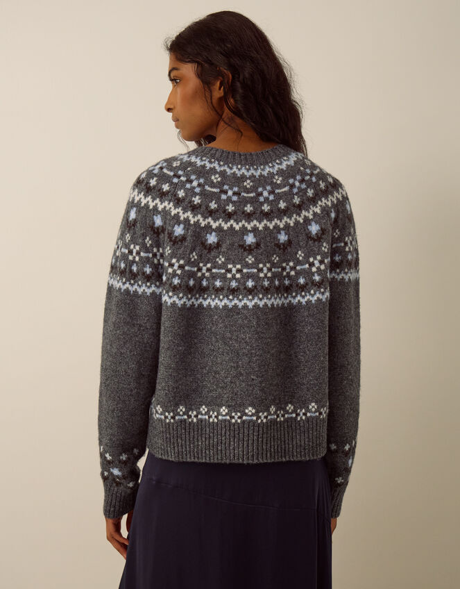 Fleur Floral Fair Isle Crew Neck Cardigan, Grey (GREY), large