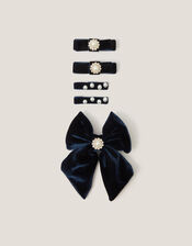 5-Pack Embellished Velvet Bow Hair Clips, Blue (NAVY), large