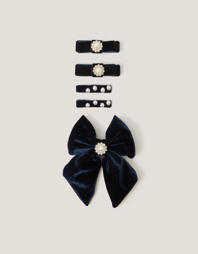 5-Pack Embellished Velvet Bow Hair Clips, Blue (NAVY), large