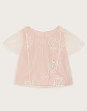 Harlyn Short Sleeve Embroidered Tulle Top, Pink (PINK), large