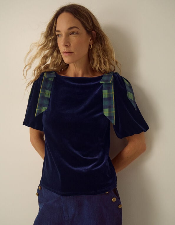 Vittoria Short Sleeve Tartan Bow Velvet Top, Blue (MIDNIGHT), large
