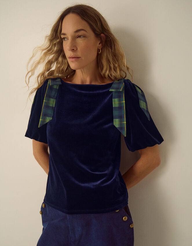Vittoria Short Sleeve Tartan Bow Velvet Top, Blue (MIDNIGHT), large