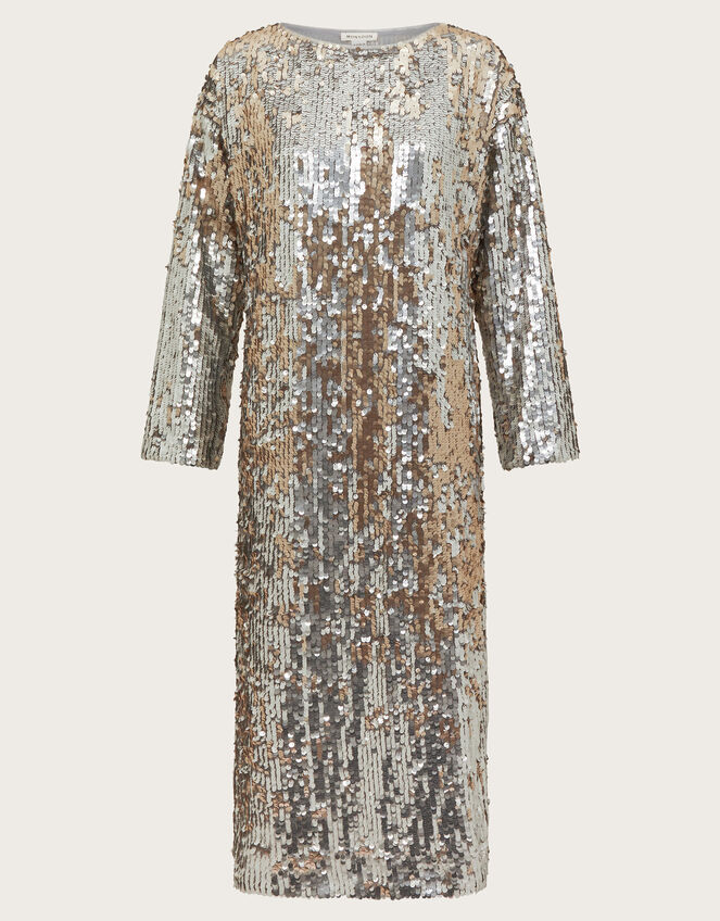 Marie Long Sleeve Sequin Midi Dress, Silver (SILVER), large